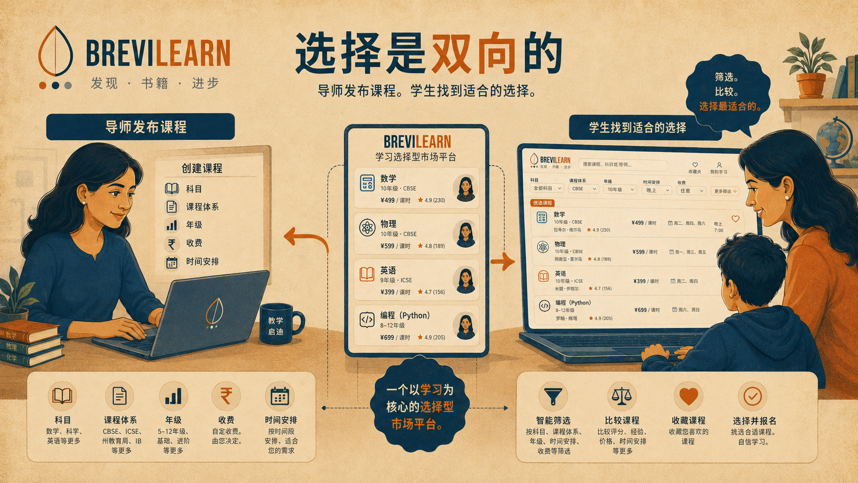 选择是双向的——导师发布课程,学生寻找合适选择